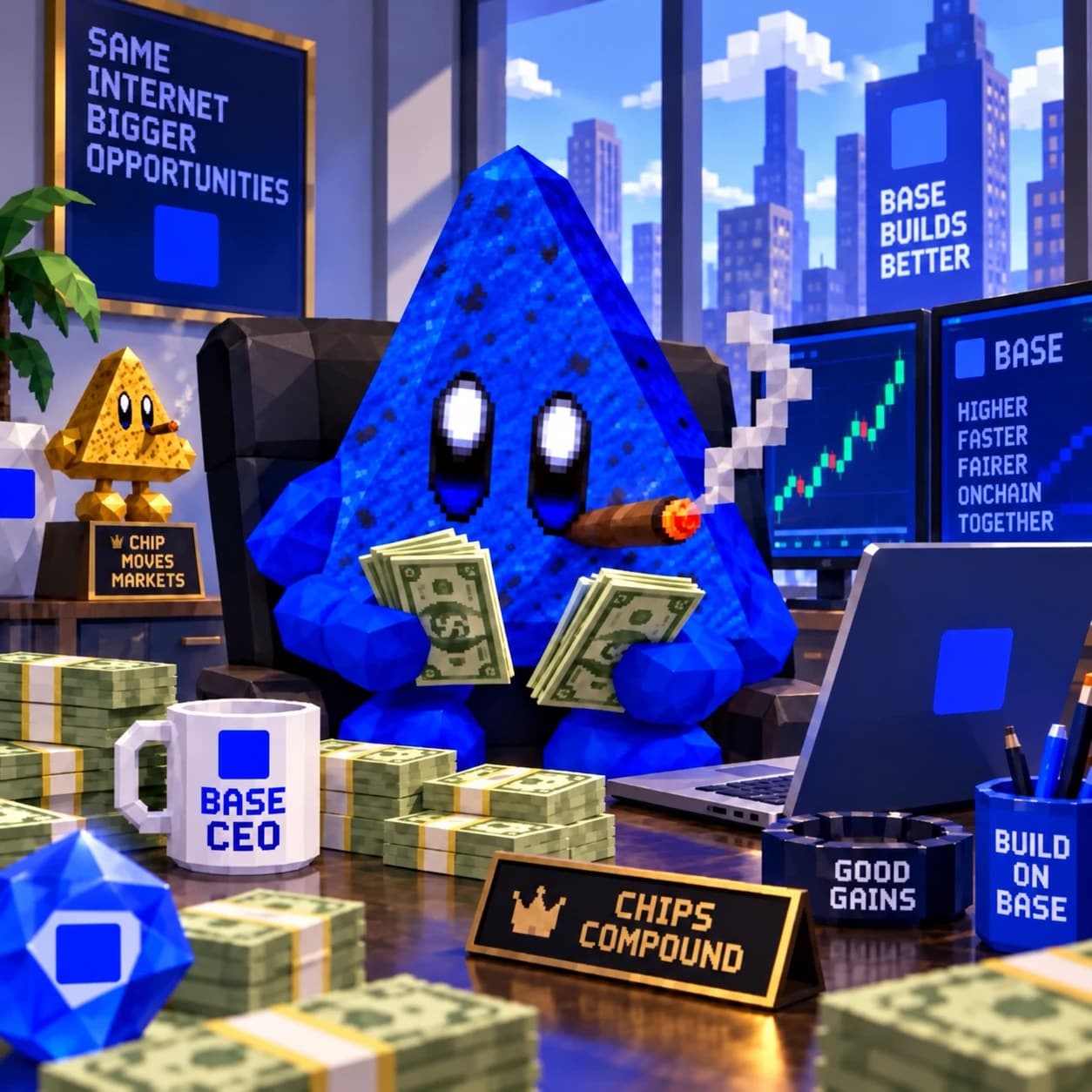 BLUECHIP at the executive desk, counting cash beside Base monitors