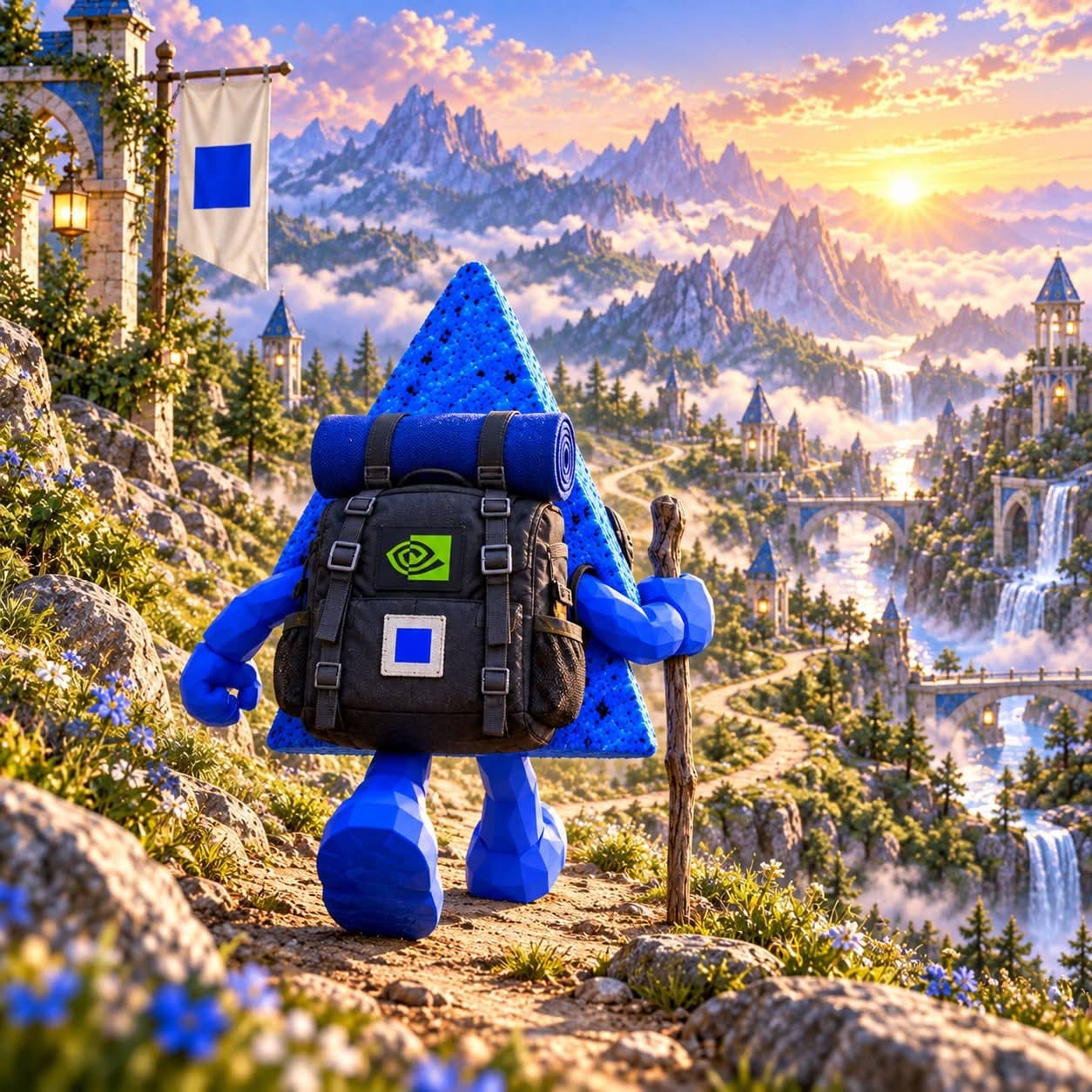 BLUECHIP hiking a mountain trail with a backpack at sunrise